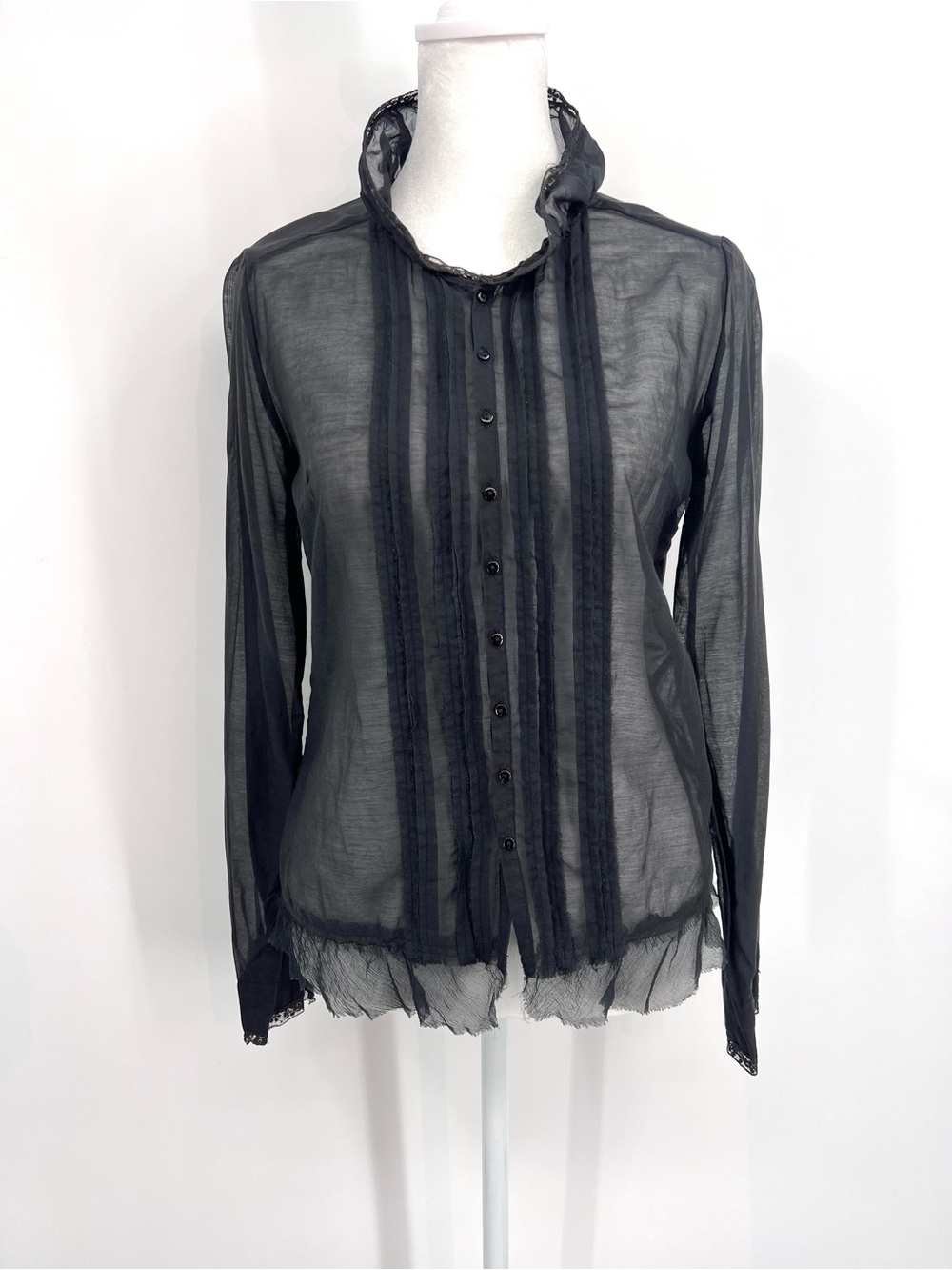 Pete & Greta Black Sheer Ruffle-lace Trim Button Front Blouse XS